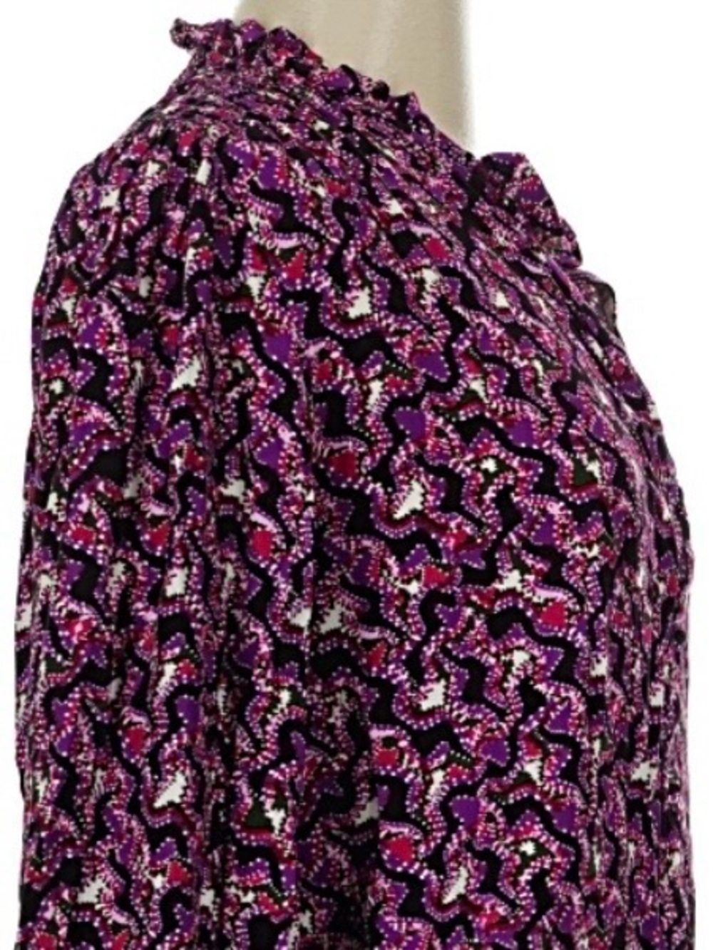 SUNCOO Purple & Magenta Pattern Blouse, V-Neck Long-Sleeve Frilly Collar Ditsy - Picture 5 of 13